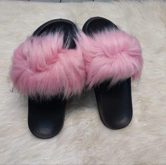 Pink Plush Furry Rubber Sole Slippers - Picture 2 of 5